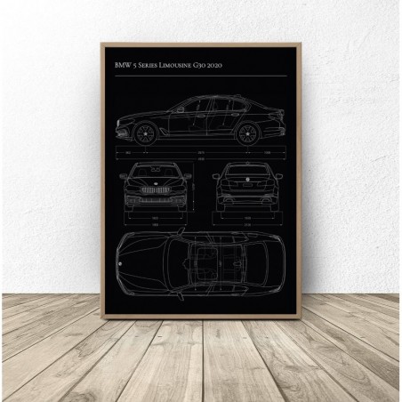Plakat BMW 5 2020. Rysunek Techniczny Malucha - Grafika z Samochodem na Ścianę | Scandi Poster
