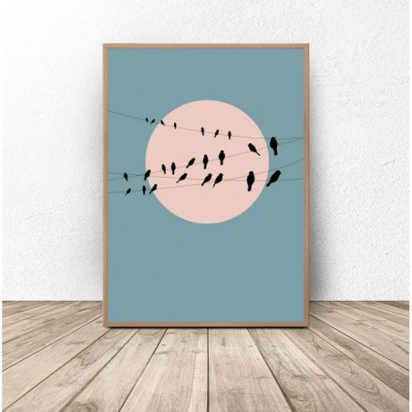 Zestaw Trzech Plakatów Księżyc z Ptakami do Salonu - Grafika na Ścianę | Scandi Poster