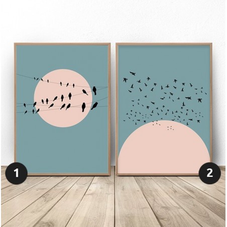 Set of Two Posters Moon with Birds for the Living Room - Wall Art | Scandi Poster