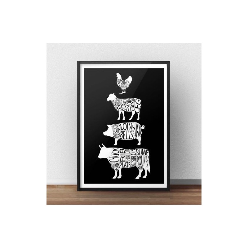 	Plakat kuchenny ze zwierzętami i częściami mięsa w kolorze czarnym