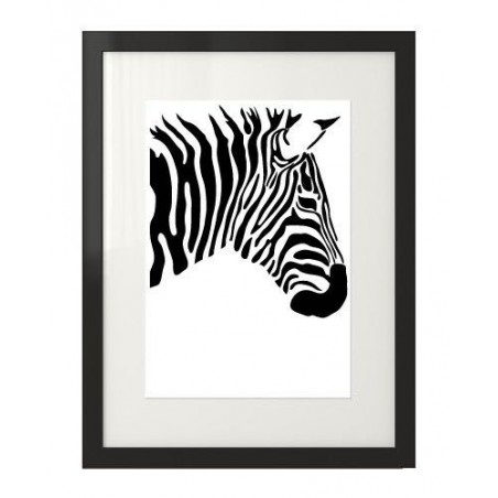 A black and white poster with a zebra framed in a black frame with a passepartout