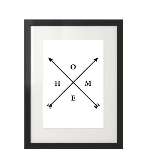 Plakat z napisem "HOME" i strzałkami