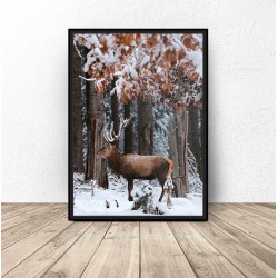 Plakat z jeleniem pośród drzew