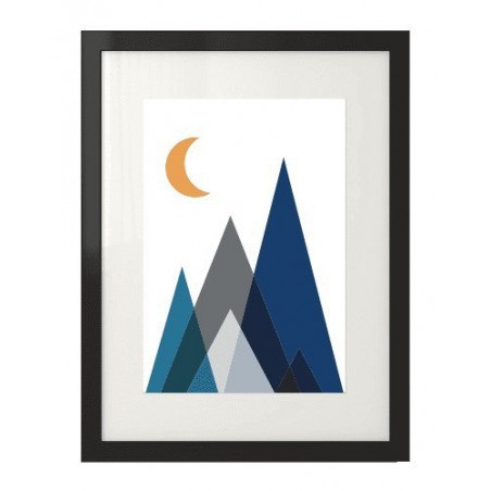 A geometric poster depicting mountains at night made of triangles