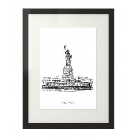 Black and white graphics similar to a fineliner sketch of the Statue of Liberty in New York