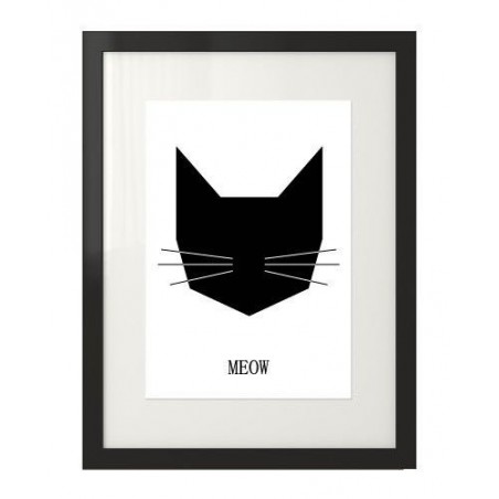 Minimalistický plakát s černou kočkou a nápisem „Mňau“
