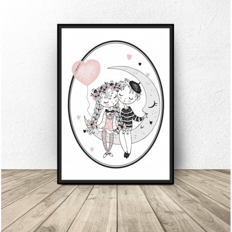 Plakát do dívčího pokoje "Dívka a chlapec na Měsíci" - Nástěnná grafika do dětského pokoje | Scandi Poster