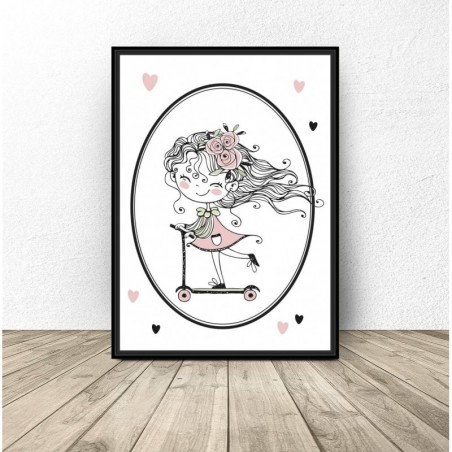 Poster for a girl's room "Girl on a scooter" - Wall graphics for a children's room | Scandi Poster