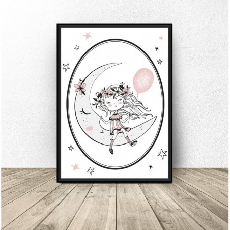 Plakat do pokoju dziewczynki "Dziewczynka na księżycu" - Grafika na Ścianę do pokoju Dziecięcego | Scandi Poster