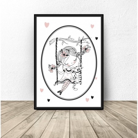 Poster for a girl's room "Girl with a kitten" - Wall graphics for a children's room | Scandi Poster