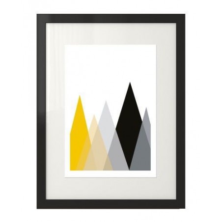 Skandynawski plakat z kolorowymi trójkątami przedstawiający góry