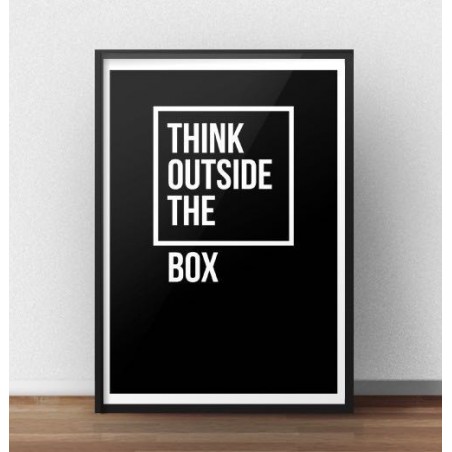 Motywacyjny plakat z napisem "Think outside the box" w wersji z czarnym tłem