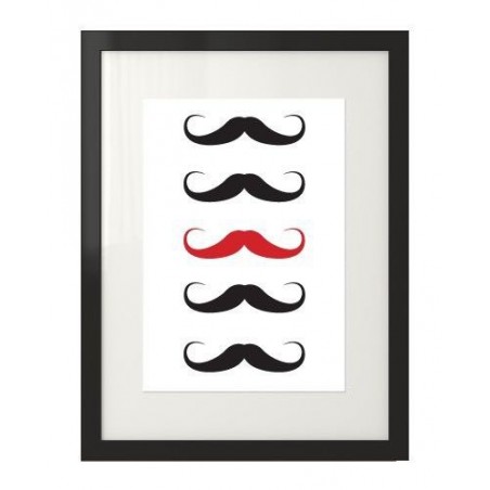 Wall graphic with a line made of black mustaches, one in the middle is red