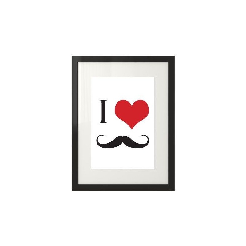 Plakat na ścianę z grafiką czerwonego serca i wąsami "I love mustache"