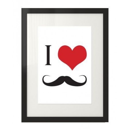 Wall poster with a graphic of a red heart and a mustache "I love mustache"