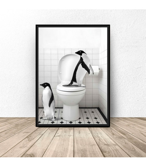 Plakat do łazienki "Pingwiny w toalecie"