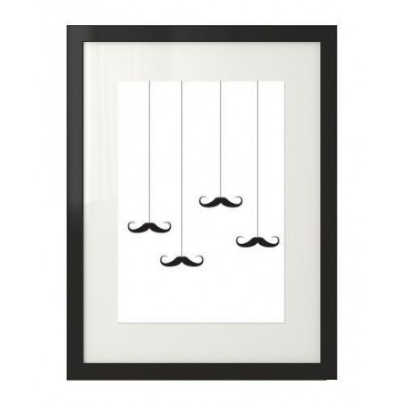 Plakat z wąsami zawieszonymi na sznureczkach oprawiony w czarną ramę