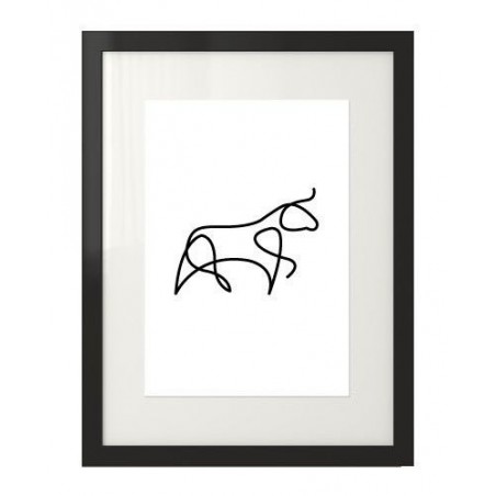 Black and white graphic with a bull drawn with one black line