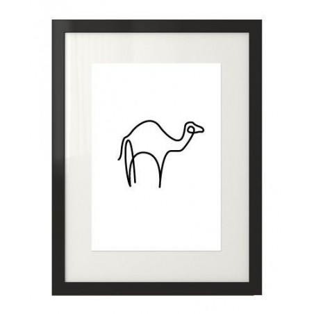 A minimalist graphic depicting a camel drawn with a single black line