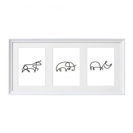 Zestaw grafik ze zwierzątkami narysowanymi jedną linią. Zestaw składa się z wizerunku byka, słonia i nosorożca.