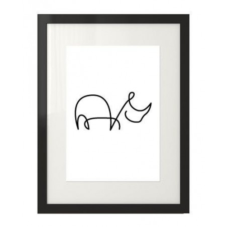 Černobílá grafika s nosorožcem nakresleným jednou čarou