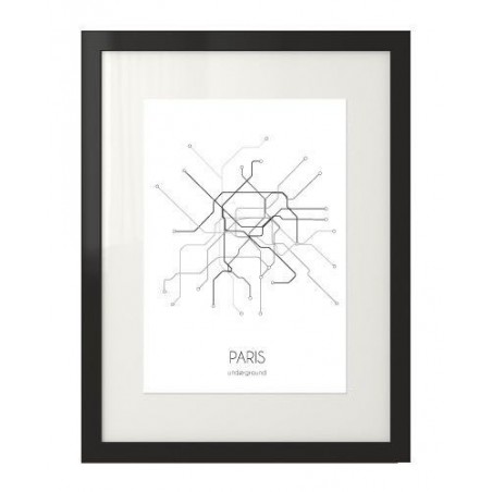 A poster with graphics of the Paris metro plan in a black poster frame
