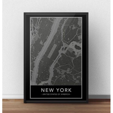 Black poster with a map of New York showing Manhattan